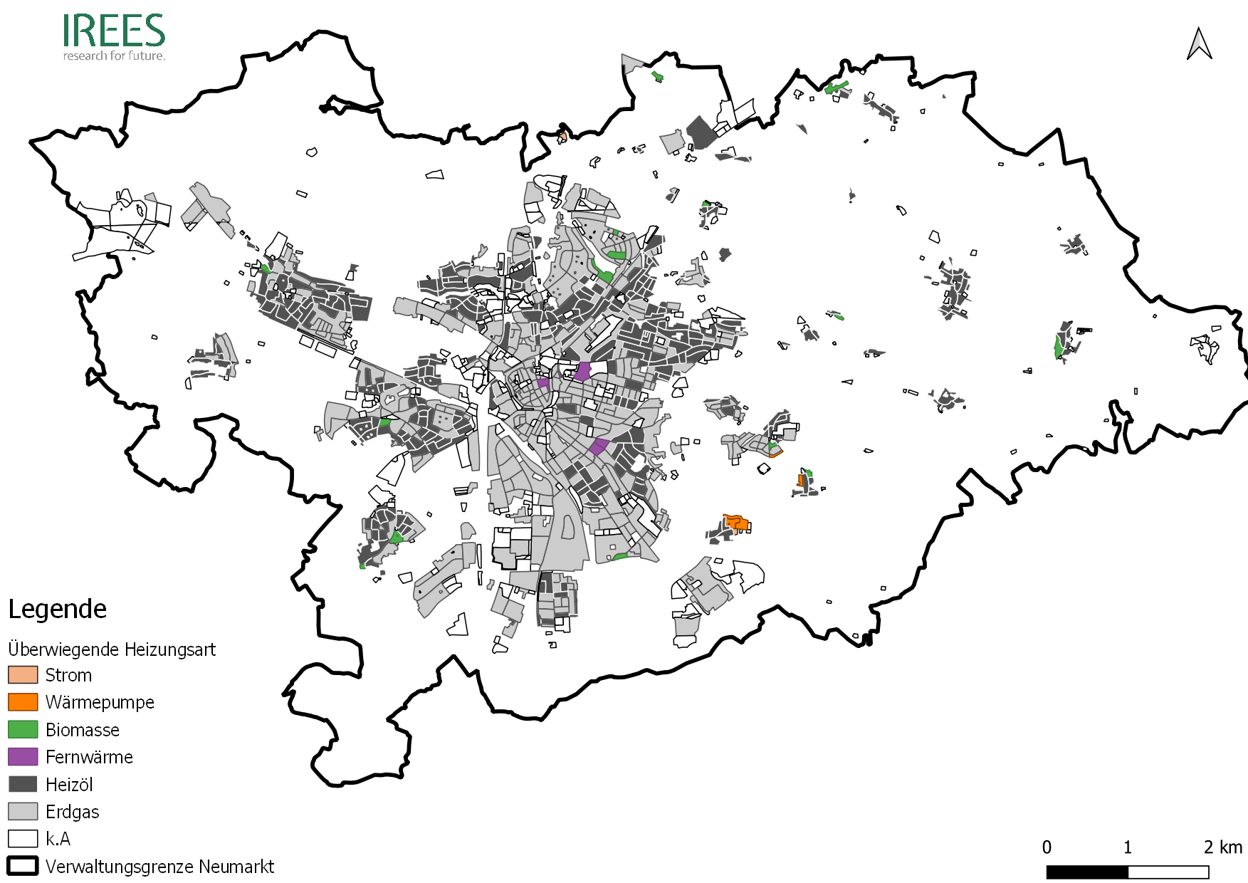 Karte der überwiegenden Heizungsart pro Baublock; überwiegend Erdgas (hellgrau).