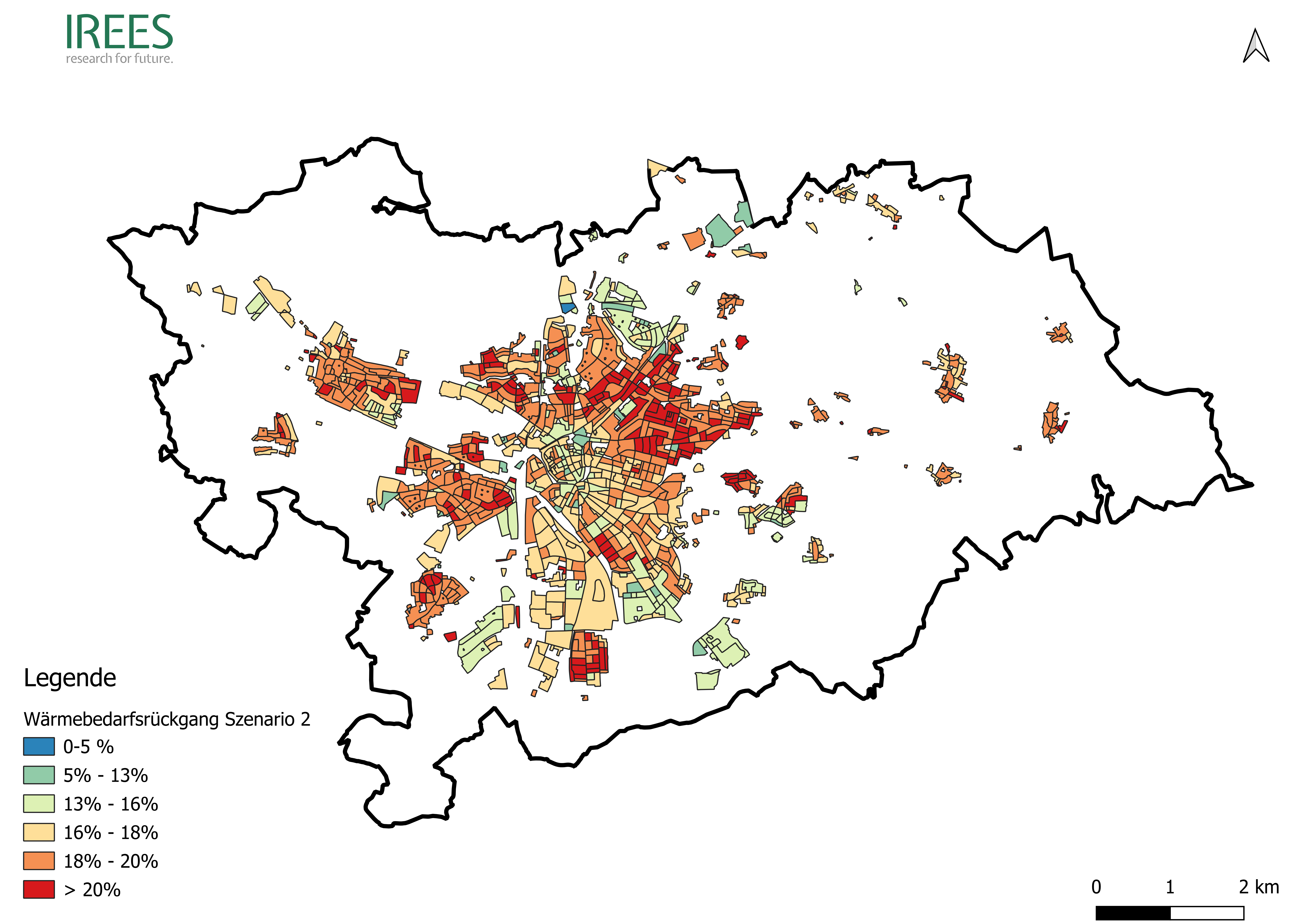 Relativer Wärmebedarfsrückgang pro Baublock im Effizienzszenario