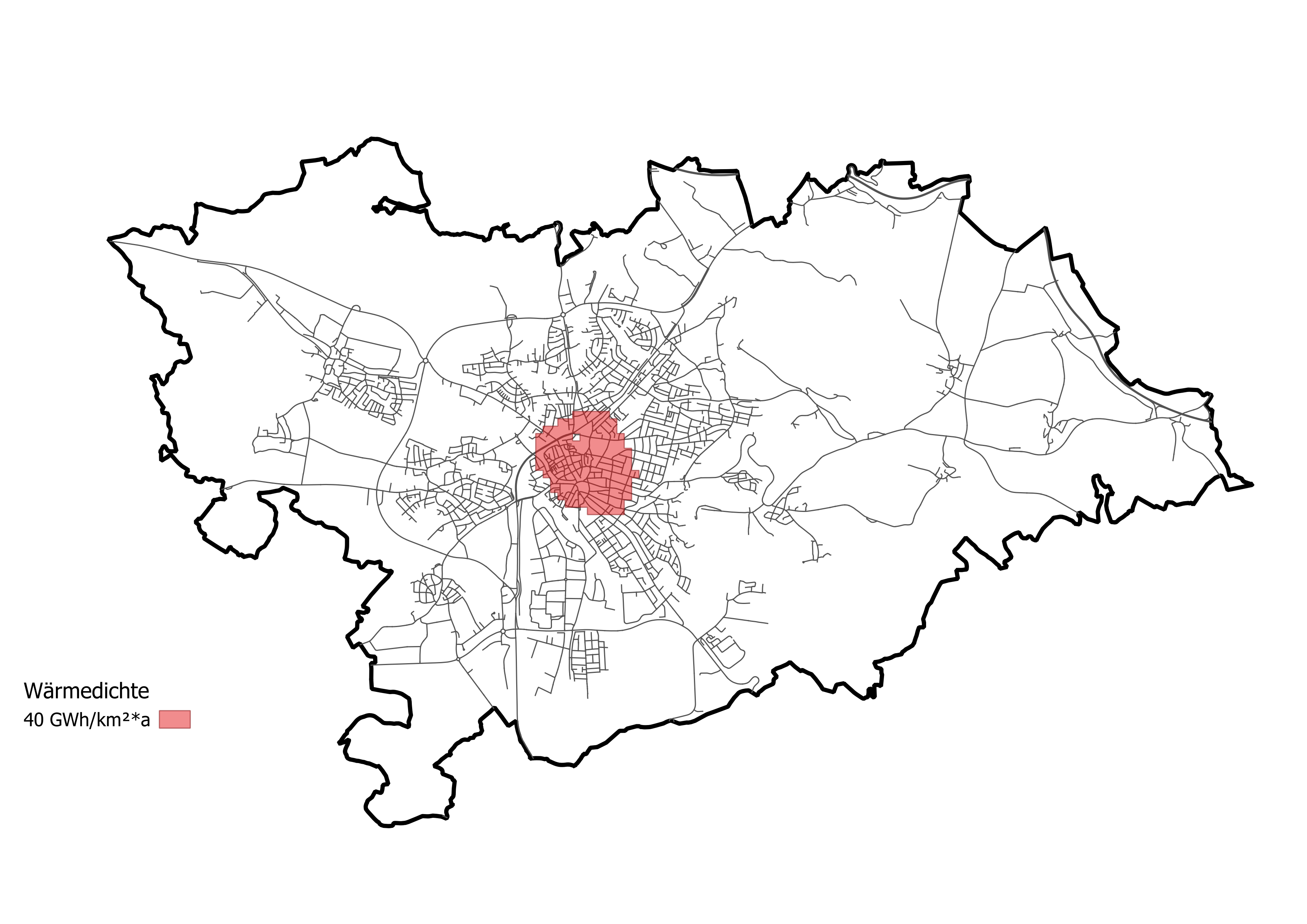 Karte der Stadt Neumarkt mit farblich markierten Eignungsgebieten für Wärmenetze. Im Zentrum ist ein dunkelrot eingefärbter Bereich zu sehen, der das vorrangige Eignungsgebiet für Fernwärme darstellt (40 GWh/km2*a). Diese Zonen zeigen potenzielle Versorgungsradien für wirtschaftlich sinnvolle Fernwärmenetze.