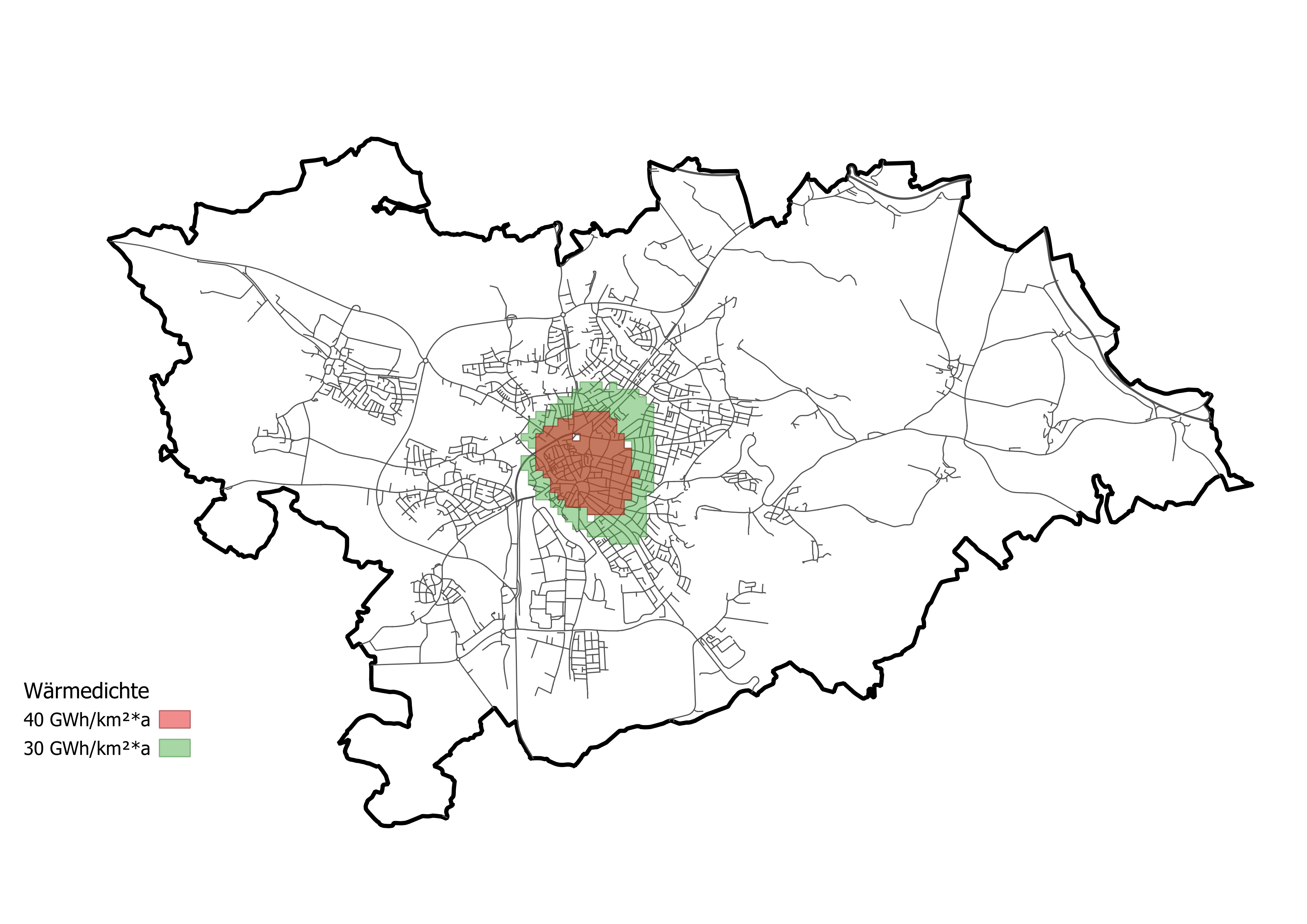 Karte der Stadt Neumarkt mit farblich markierten Eignungsgebieten für Wärmenetze. Im Zentrum ist ein dunkelrot eingefärbter Bereich zu sehen, der das vorrangige Eignungsgebiet für Fernwärme darstellt (40 GWh/km2*a). Um dieses Gebiet herum verläuft ein weiteres konzentrisches Gebiet in grün (30 GWh/km2*a). Diese Zonen zeigen potenzielle Versorgungsradien für wirtschaftlich sinnvolle Fernwärmenetze.
