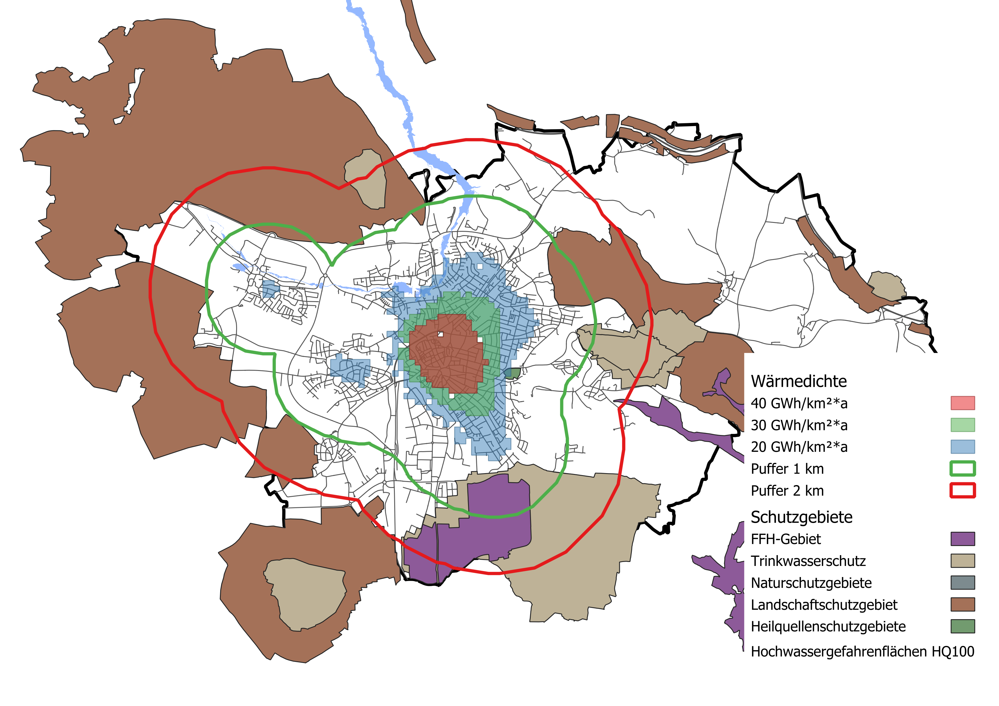 Karte der Stadt Neumarkt mit farblich markierten Eignungsgebieten für Wärmenetze sowie die Darstellung der Restriktionsflächen. Im Zentrum ist ein dunkelrot eingefärbter Bereich zu sehen, der das vorrangige Eignungsgebiet für Fernwärme darstellt (40 GWh/km2*a). Um dieses Gebiet herum verlaufen zwei weitere konzentrische Gebiete in grün (30 GWh/km2*a) und dann blau (20 Gwh/km2*a). Diese Zonen zeigen potenzielle Versorgungsradien für wirtschaftlich sinnvolle Wärmenetze.