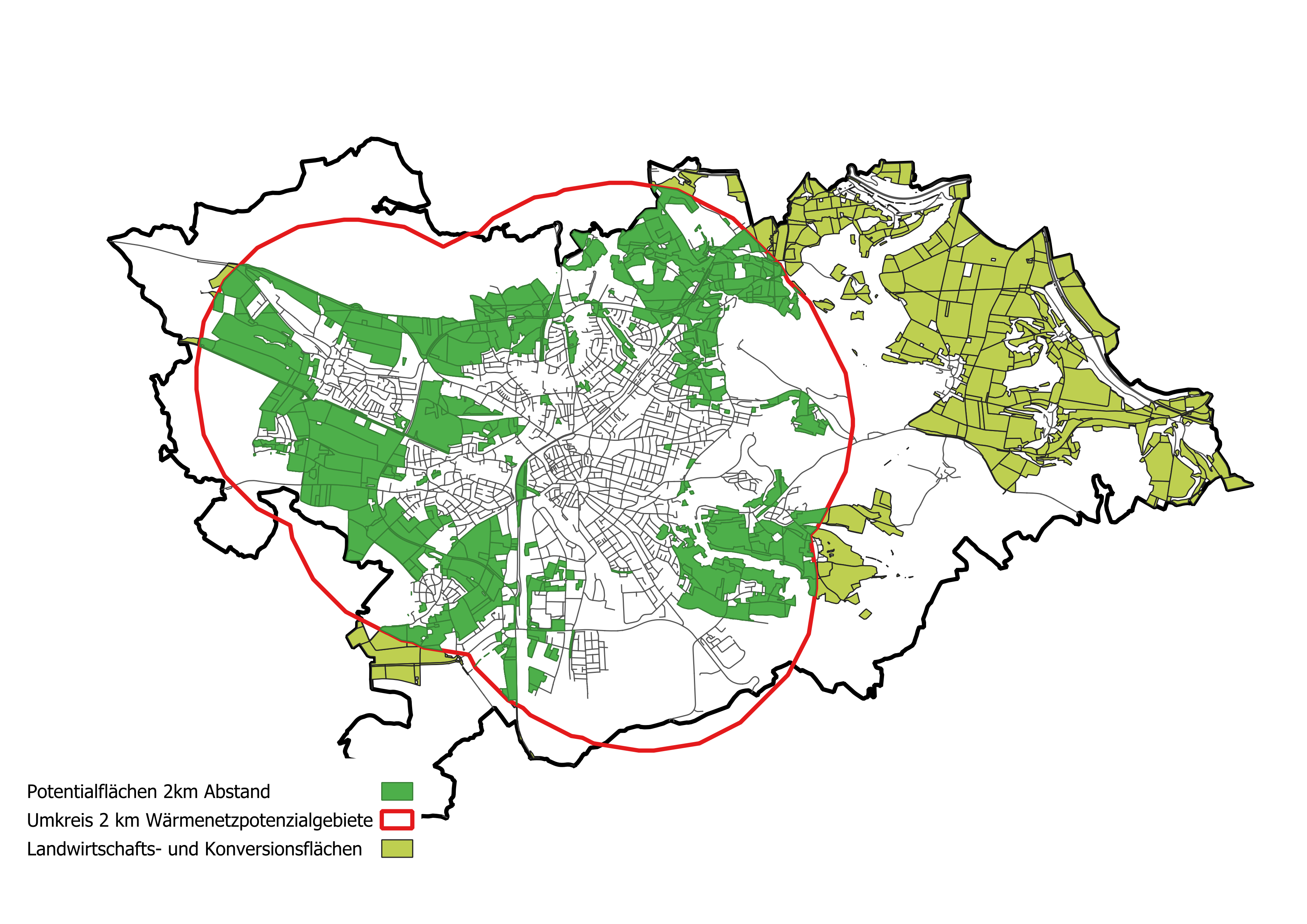 Kartendarstellung der Stadt Neumarkt mit gelb oder grün hervorgehobenen Flächen, die als potenziell geeignete Standorte für die Nutzung von Solarthermie auf Freiflächen identifiziert wurden. Grün sind die Potenzialflächen, die im Abstand von 2km zu Gebieten mit hohem Wärmebedarf liegen. Die Karte visualisiert mögliche Entwicklungsgebiete für solare Wärmegewinnung und unterstützt die kommunale Wärmeplanung im Kontext erneuerbarer Energien.