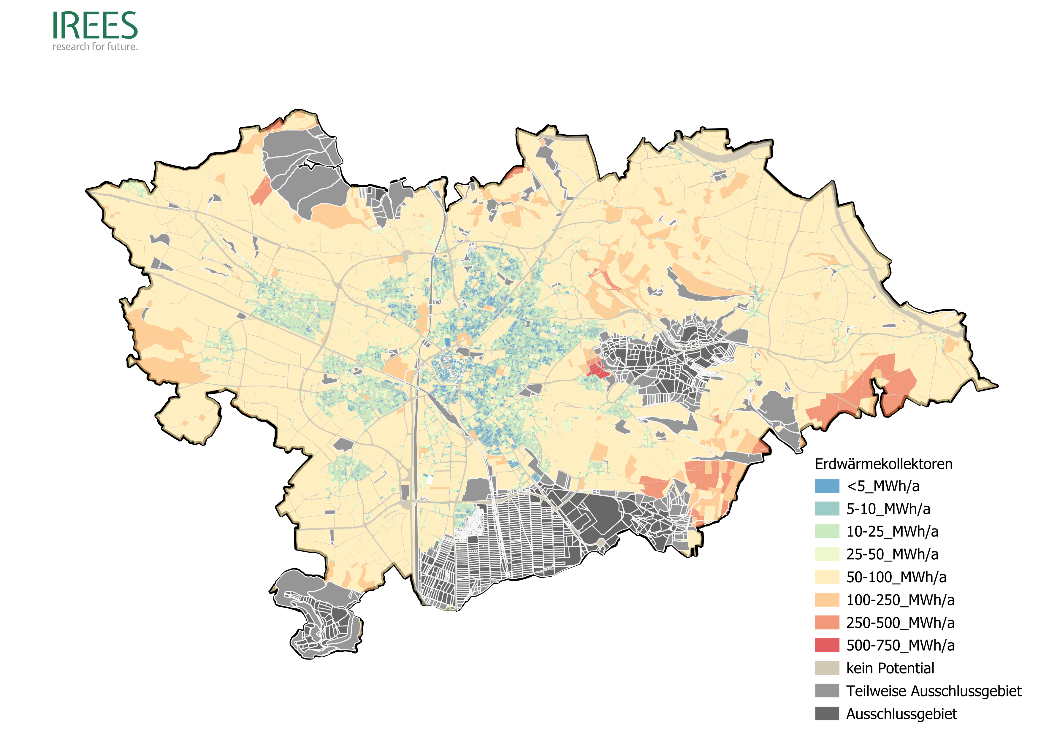 Karte von Neumarkt, die die Potenziale für oberflächennahe Geothermie durch Erdwärmesonden zeigt. Ein Großteil der Karte ist gelb-orange gefärbt und zeigt damit Potenziale von 50-100 Mwh/Jahr; im Innenstadtbereich dominiert grün, welches Potenziale von 5-25 MwH/Jahr zeigt.